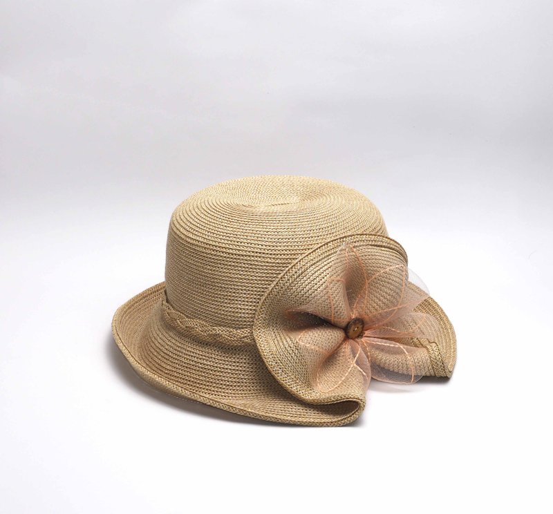 MIT手工捏花淑女草帽/淑女帽/草帽/帽子 - 帽子 - 纸 橘色