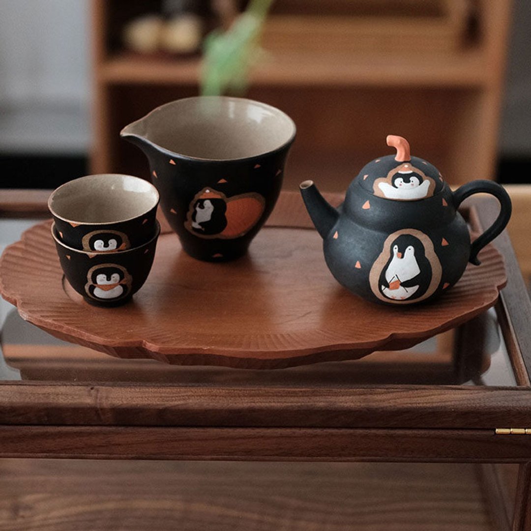 手繪毛線企鵝杯 | 日式陶瓷茶具 | 可愛手工禮物 - 茶具/茶杯 - 瓷 黑色