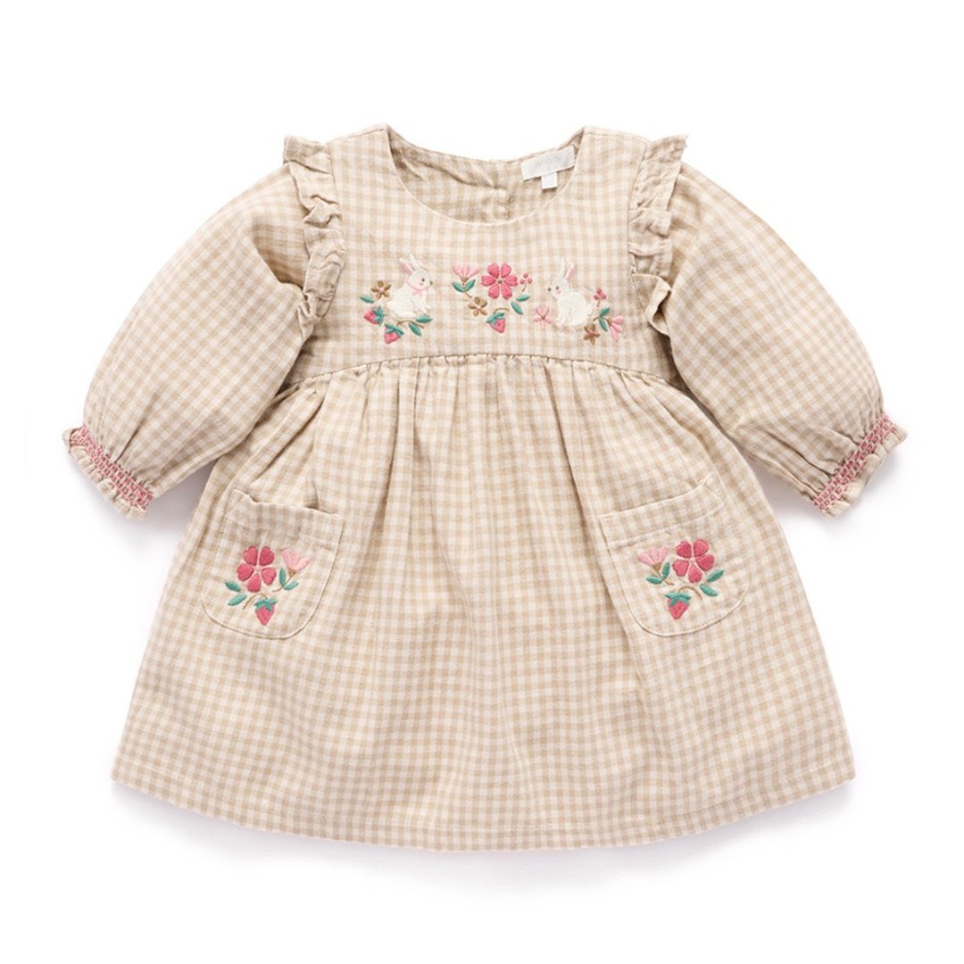澳洲Purebaby有机棉女童长袖洋装/童装裙 12M-5T 杏色格子 - 童装裙 - 棉 