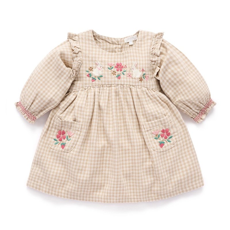 澳洲Purebaby有机棉女童长袖洋装/童装裙 12M-5T 杏色格子 - 童装裙 - 棉．麻 