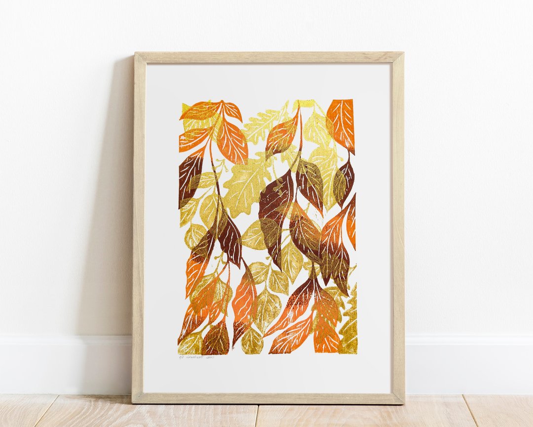 植物油毡版画秋季墙壁艺术金橙棕秋叶艺术品 - 海报/装饰画/版画 - 纸 橘色