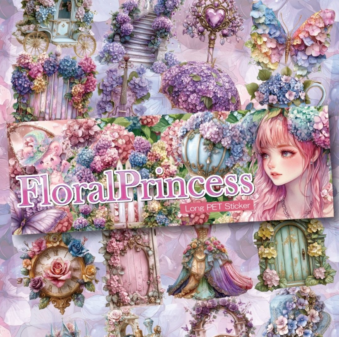 Floral Princess 长条 PET 贴纸 玫瑰与绣球花的幻想曲 - 纸胶带 - 防水材质 蓝色