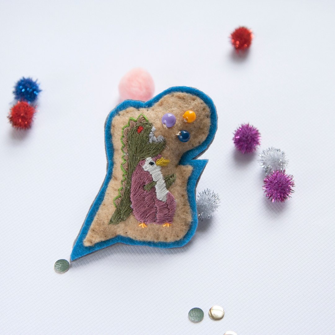 WOW～ 我是一头恐龙哦  手刺繍 别针［限量品］ - 胸针 - 绣线 蓝色