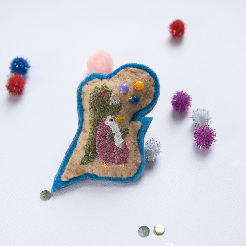 WOW～ 我是一头恐龙哦  手刺繍 别针［限量品］ - 胸针 - 绣线 蓝色