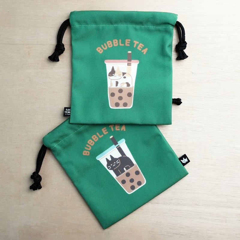 中型 便利束口袋 - 美食动物 珍奶猫 - 化妆包/杂物包 - 聚酯纤维 绿色