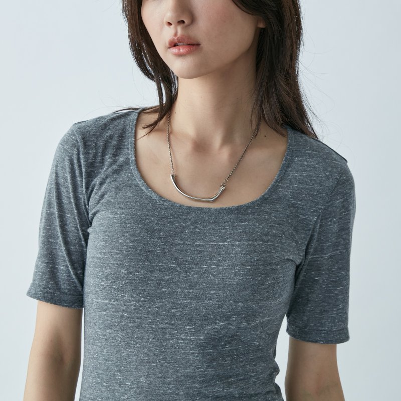 U领五分袖针织上衣 - 灰 - 女装 T 恤 - 棉．麻 灰色