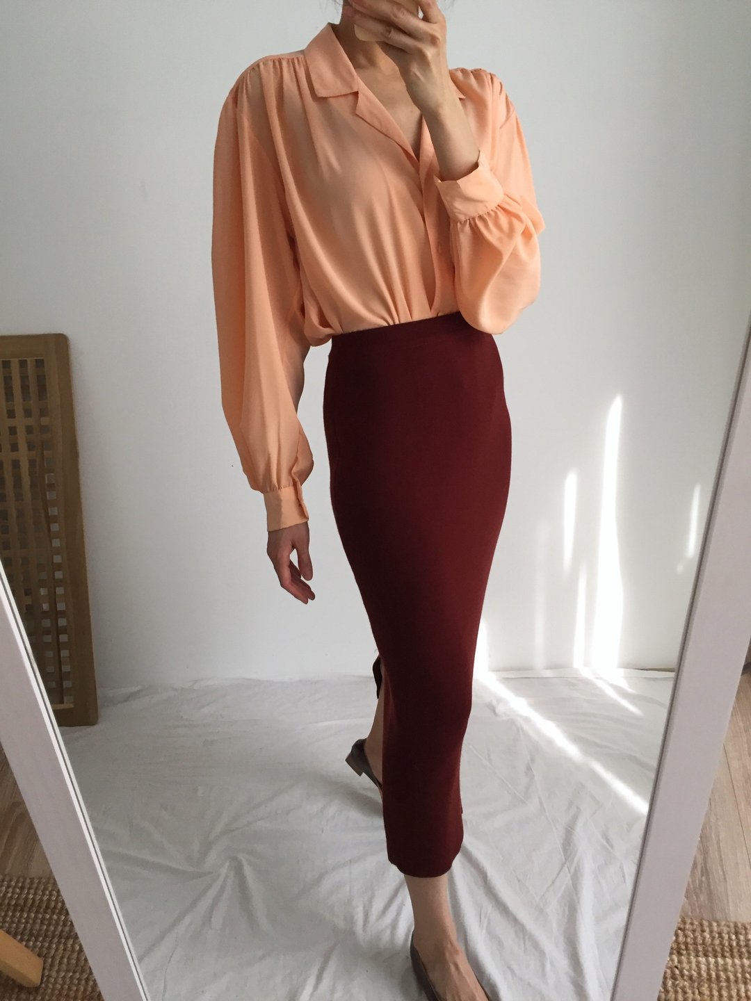 ZOÉ BLOUSE - FRENCH VINTAGE 马鞍形泡泡袖发蜜瓜色古着衬衫 - 女装衬衫 - 聚酯纤维 橘色