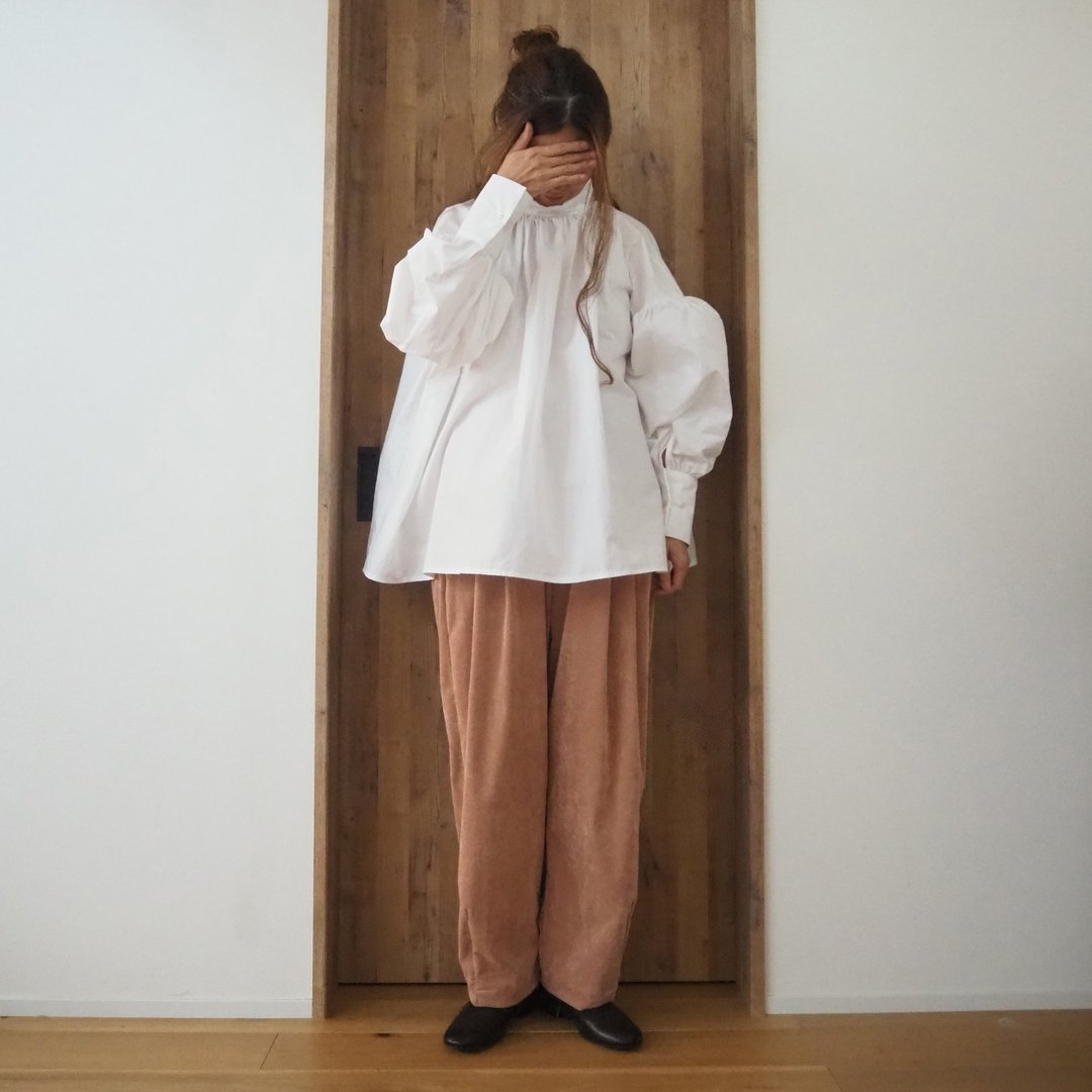 抓褶袖纯棉衬衫 / 白色 - 女装衬衫 - 棉 白色