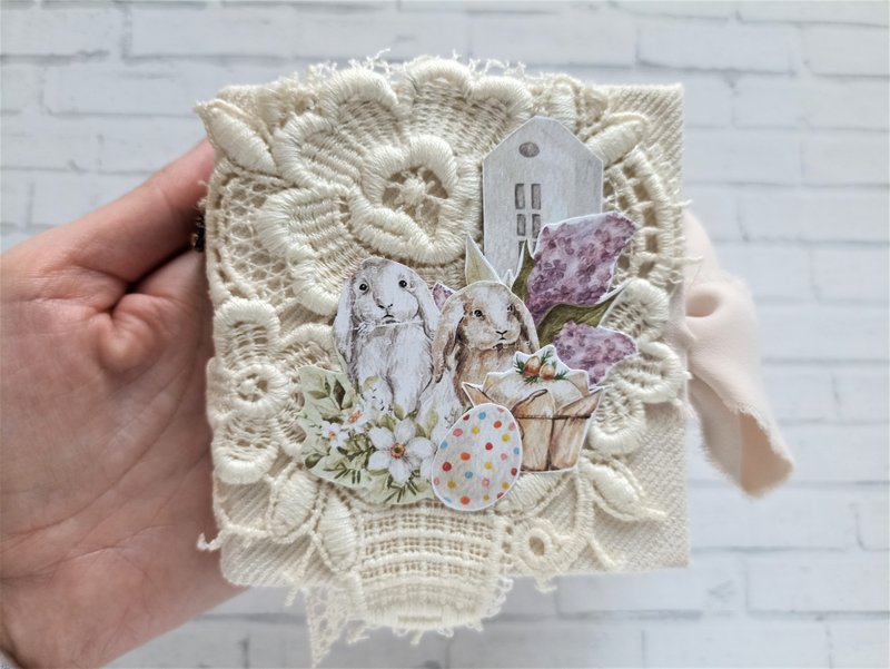 Easter junk journal Easter rabbit notebook lace Tiny farm life diary handmade - 笔记本/手帐 - 纸 黄色