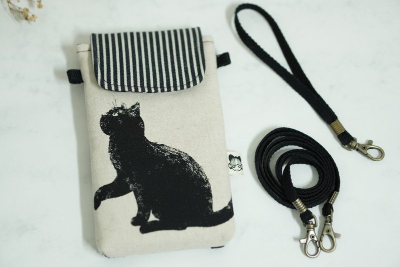 两用大手机包 大黑猫 米色底 - 其他 - 棉．麻 黑色