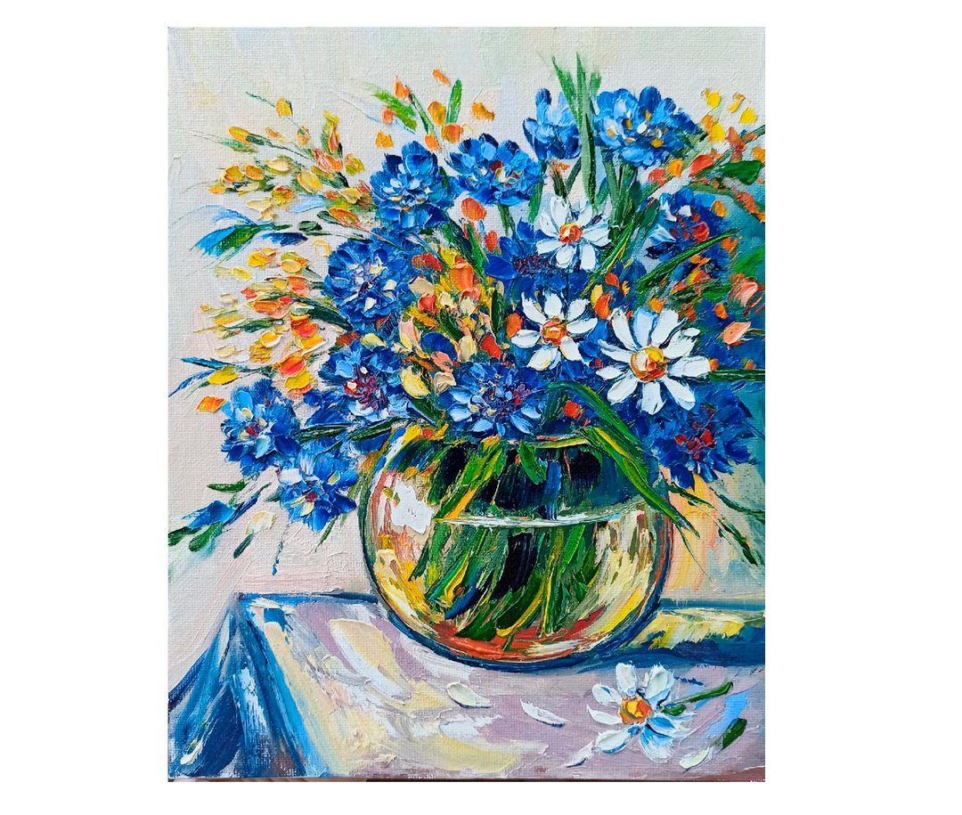 雏菊油画花瓶里的矢车菊原创艺术花卉墙艺术油画布面油画 - 海报/装饰画/版画 - 棉 多色