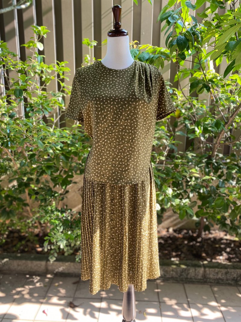 抹茶绿小叶片短袖古着洋装 - 洋装/连衣裙 - 聚酯纤维 卡其色