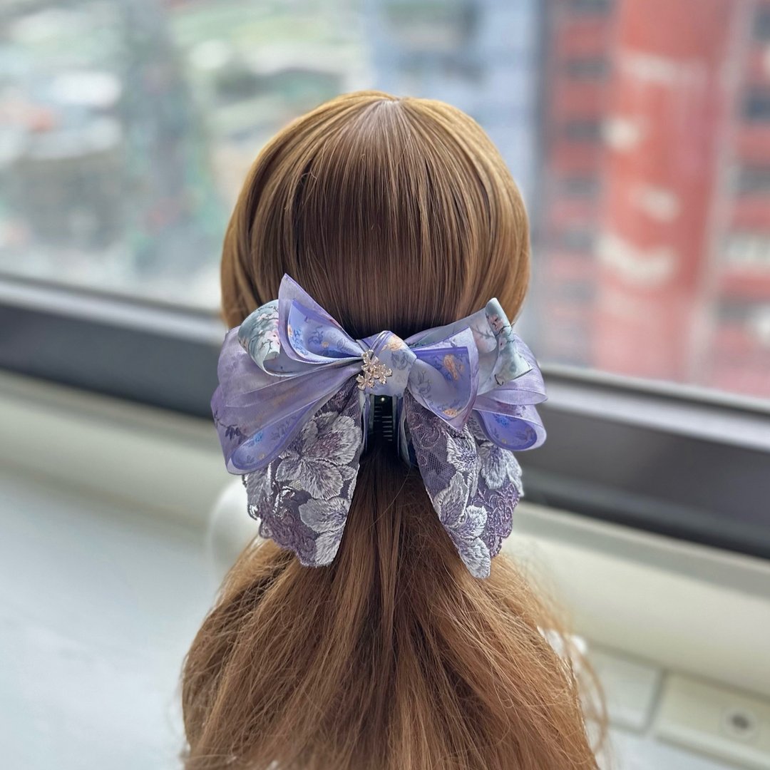 印花纱蕾丝蝴蝶结相交夹香蕉夹仙女夹发夹-紫灰色 - 发饰 - 其他材质 紫色