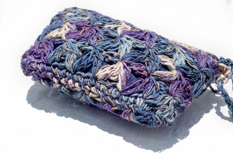 手工棉麻钩织零钱包/收纳包/杂物包/耳机收纳袋/悠游卡套-紫色花 - 零钱包 - 棉．麻 紫色