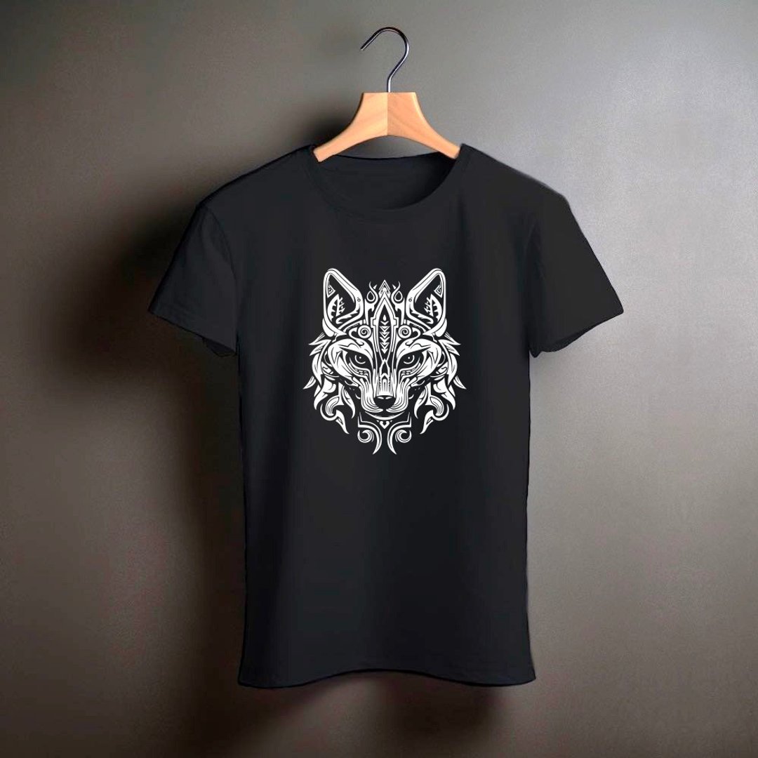 野魂图腾 T-Shirt 白狼 (黑) - 男装上衣/T 恤 - 棉 黑色
