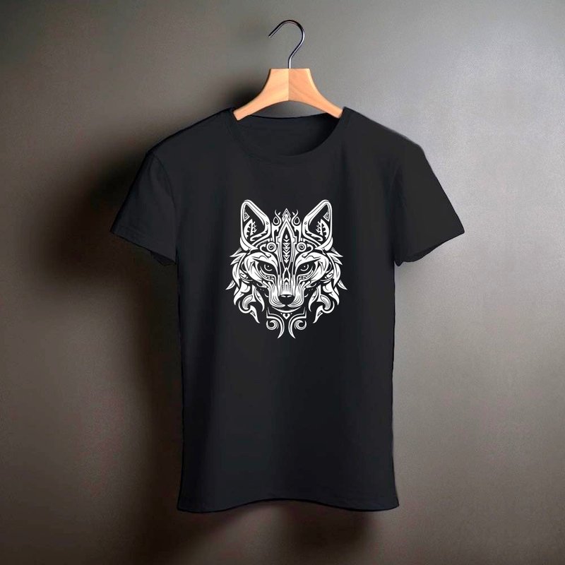 野魂图腾 T-Shirt 白狼 (黑) - 男装上衣/T 恤 - 棉．麻 黑色