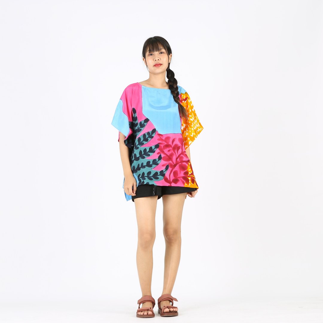 Poncho Blouse Cotton Silk Hand Painted for Summer - 女装上衣 - 棉 粉红色