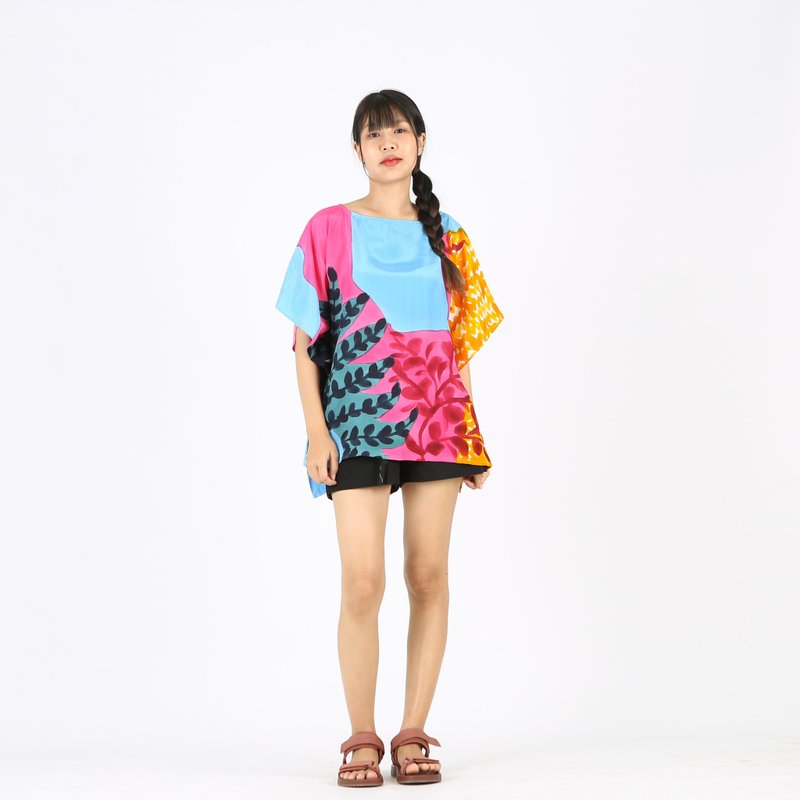 Poncho Blouse Cotton Silk Hand Painted for Summer - 女装上衣 - 棉．麻 粉红色