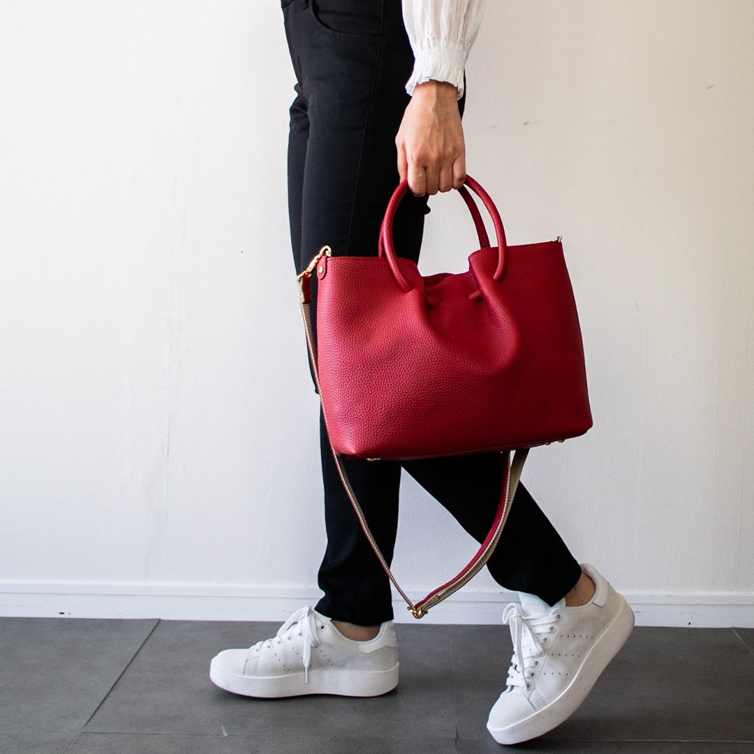 Genuine leather 2-way bag with pouch - 手提包/手提袋 - 真皮 红色
