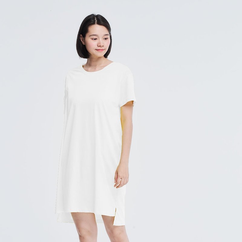 珠光棉不對稱長版TEE/白 - 女装 T 恤 - 棉．麻 白色