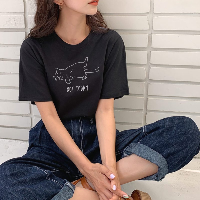 Not Today Cat #2 男女中性短袖T恤 黑色 狗 猫 毛小孩 动物礼物 - 女装上衣 - 棉 黑色