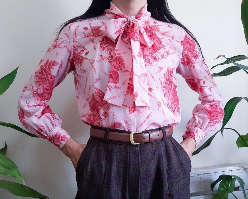 70年代复古新奇蝴蝶结衬衫 农舍印花 田园风系带领 - 女装上衣 - 聚酯纤维 粉红色