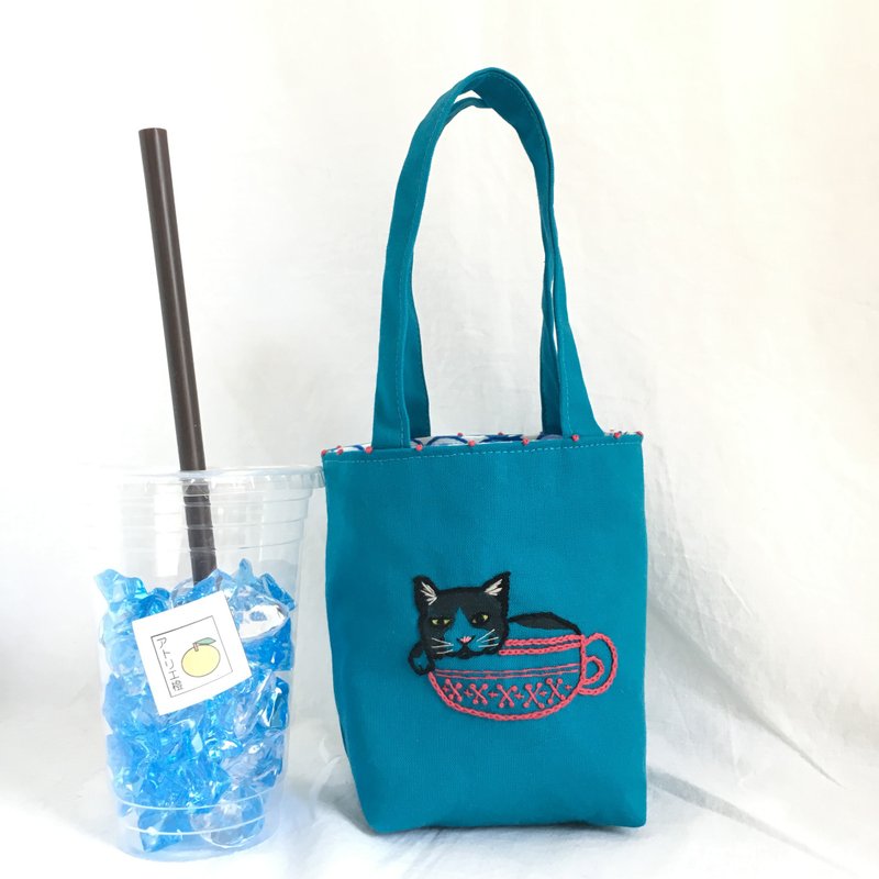 Cafe bag cup cat - 手提包/手提袋 - 棉．麻 蓝色