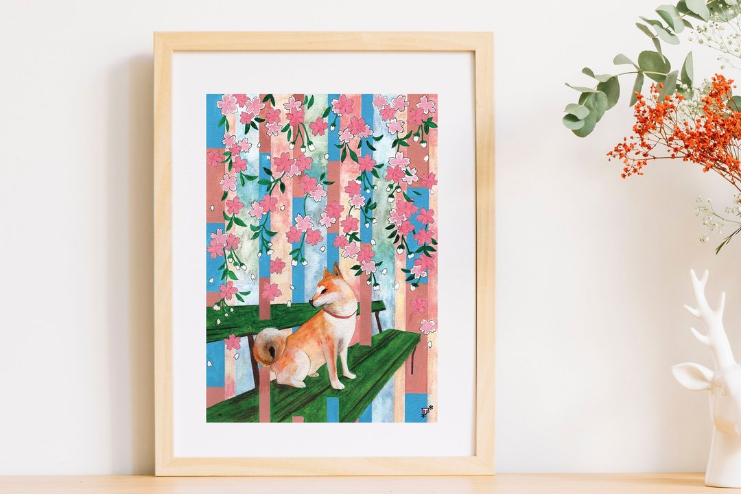 Japan A4 Poster // Shiba and Sakura Art Print // Japan Decor Painting - 海报/装饰画/版画 - 纸 粉红色