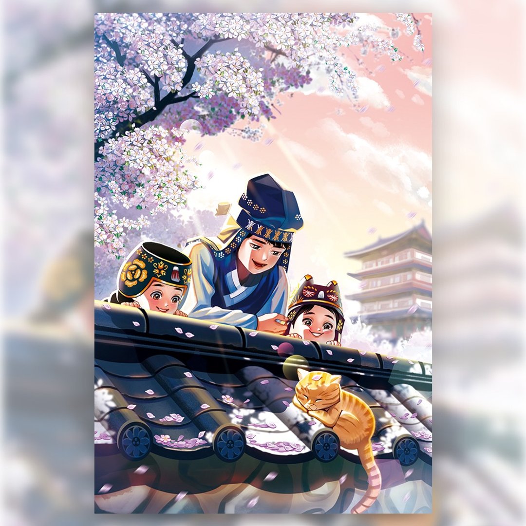 三兄妹与猫咪 – 韩服女孩插画明信片 (uha) - 卡片/明信片 - 纸 多色