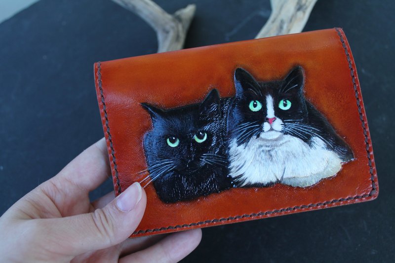 皮革钱包上的猫肖像、定制皮革钱包、宠物爱好者礼物 - 皮夹/钱包 - 真皮 多色