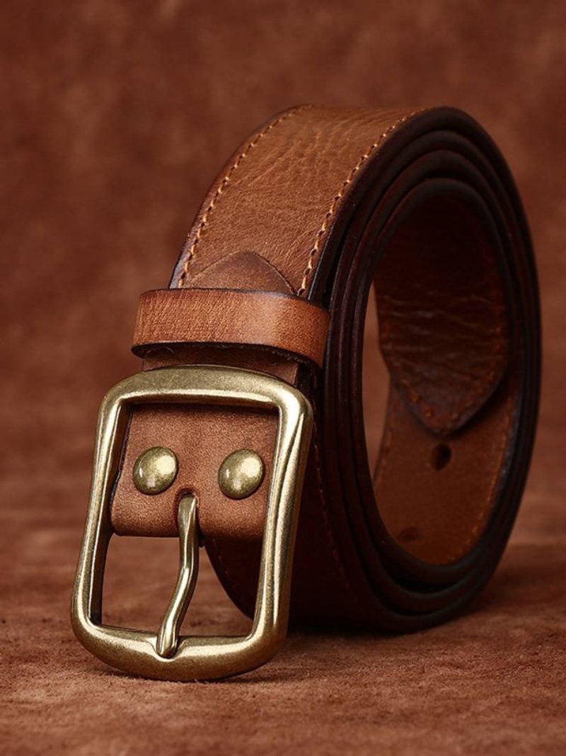 3.3宽 手工复古头层牛皮男士百搭休闲皮带男真皮针扣牛仔裤腰带 - 皮带/腰带 - 真皮 咖啡色