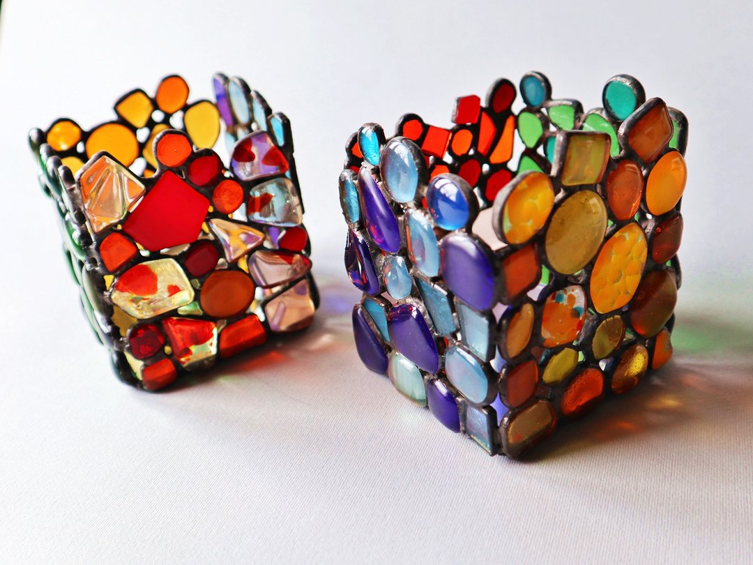 Stained glass candle holder, fused glass Tea light candle holder, Romantic Gift. - 蜡烛/烛台 - 玻璃 多色