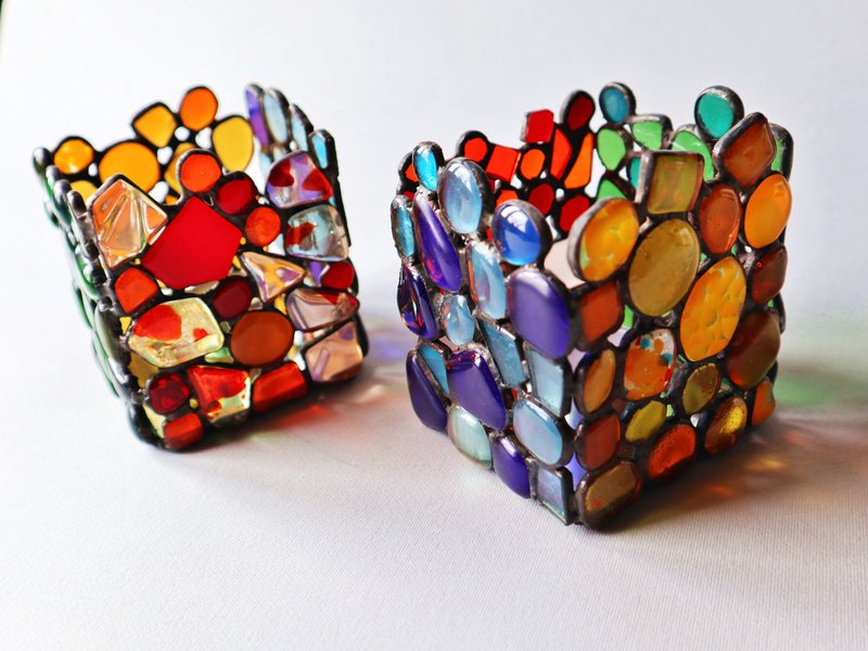 Stained glass candle holder, fused glass Tea light candle holder, Romantic Gift. - 蜡烛/烛台 - 玻璃 多色