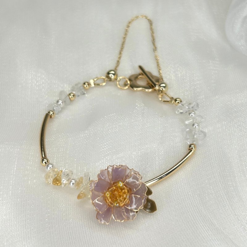 【紫色野菊x黄水晶-水晶花手链】11月生日花生日石 花言日和 - 耳环/耳夹 - 树脂 
