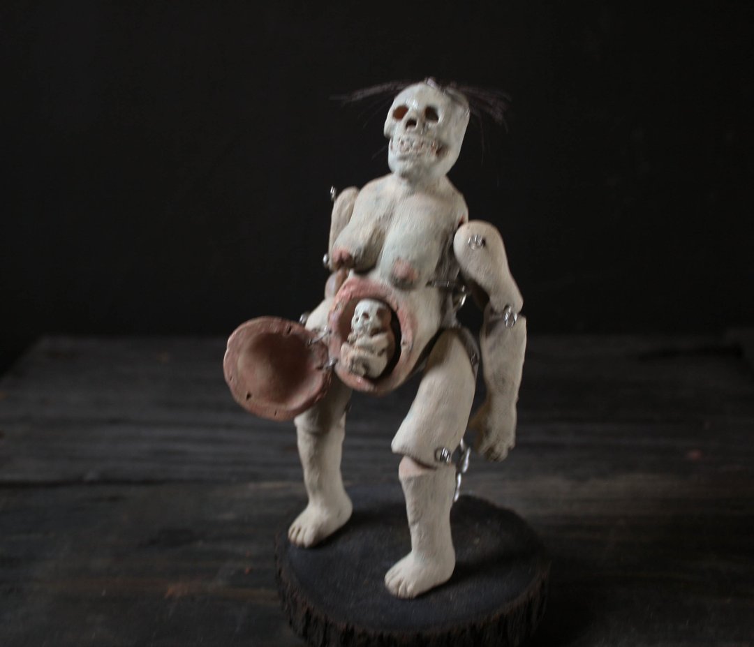 骷髅头孕妇 (高15cm 可动陶偶 关节人偶) - 玩偶/公仔 - 陶 