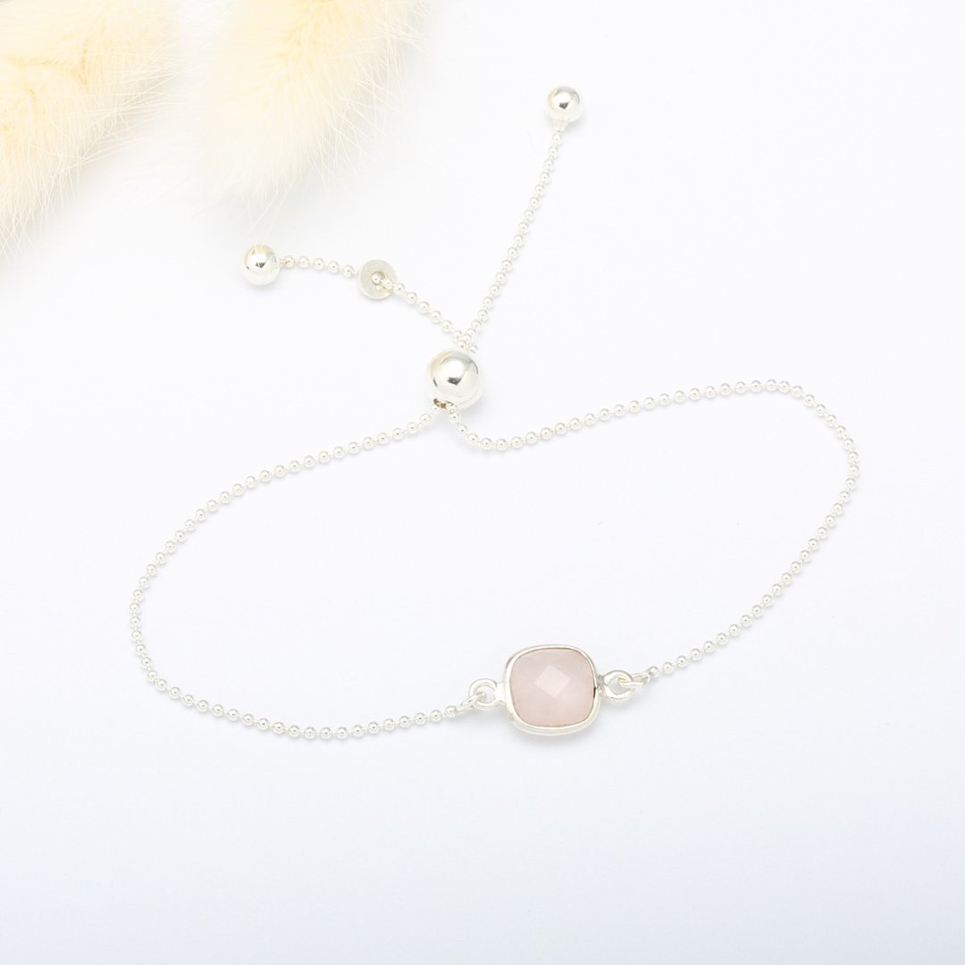 【Angel & Me】方形 粉晶 rose quartz 纯银 简约 手链 生日 礼物 - 手链/手环 - 宝石 粉红色