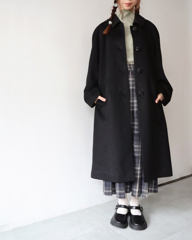 早春复古剪裁日系宽松克什米尔羊毛黑色长版古着大衣外套 - 女装休闲/机能外套 - 羊毛 黑色