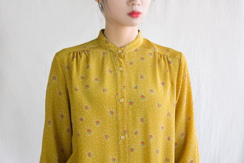 芥末秋凉古着长袖衬衫 - 女装衬衫 - 聚酯纤维 橘色