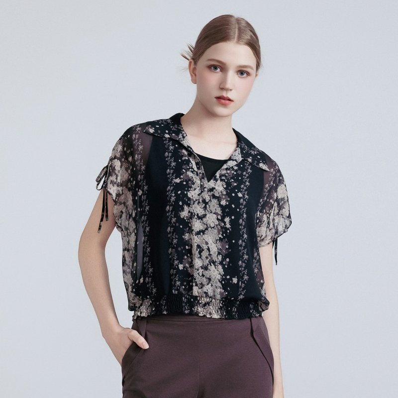 【MEDUSA】轻奢抽袖小V领雪纺上衣(M-XL) | 女雪纺上衣 抽袖设计 - 女装上衣 - 聚酯纤维 黑色