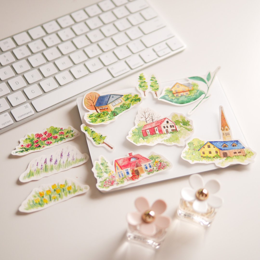 水彩欧洲小房子贴纸组 WT-001 - 贴纸 - 纸 绿色