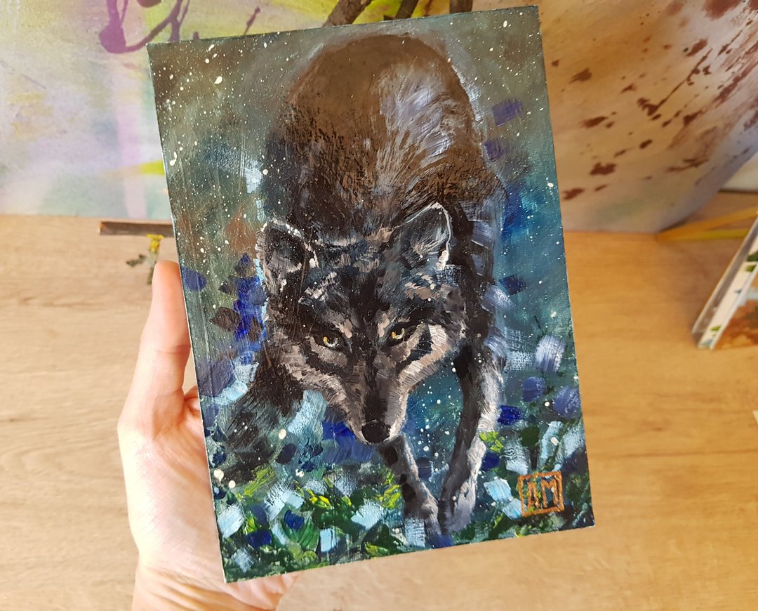 Original Dark picture wolf artwork hand painted Oil painting on Cardboard - 墙贴/壁贴 - 其他材质 