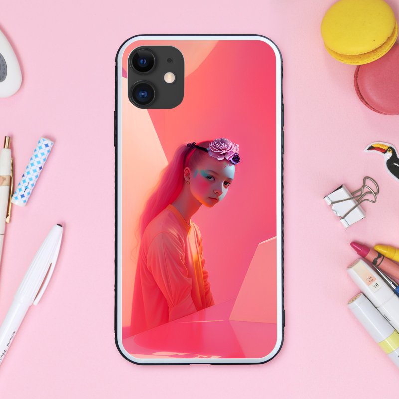 梦幻可爱珊瑚粉童话女孩与花朵 手机壳【强化玻璃处理】iPhone16 适用 - 手机壳/手机套 - 塑料 多色