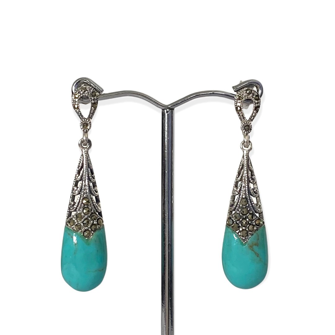 Art Deco Style Teardrop Turquoise and Marcasite Earrings/Set 925 Sterling Silver - 耳环/耳夹 - 纯银 绿色