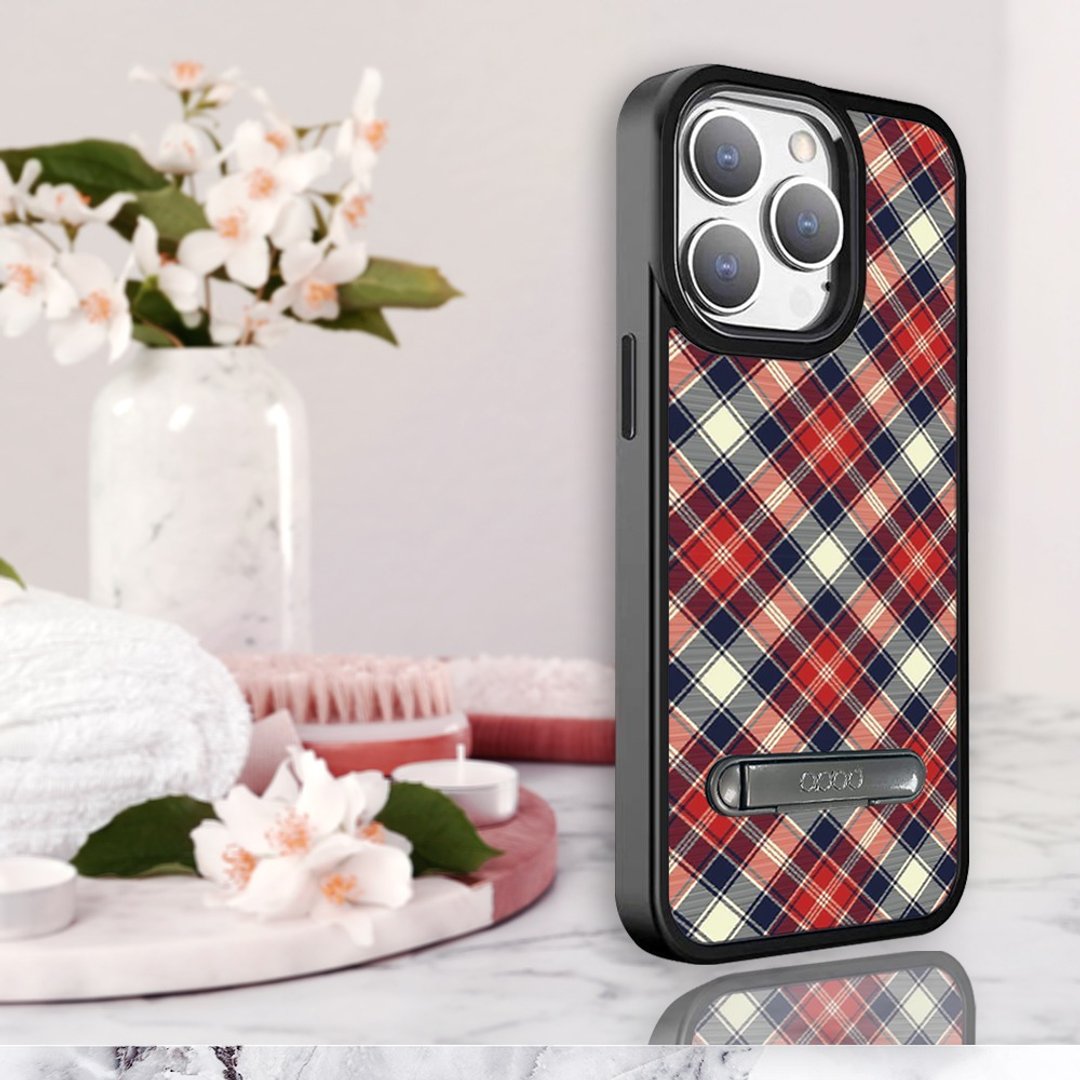 iPhone 15 14系列 军规防摔铝合金镜头框立架手机壳-苏格兰纹红 - 手机壳/手机套 - 其他材质 多色