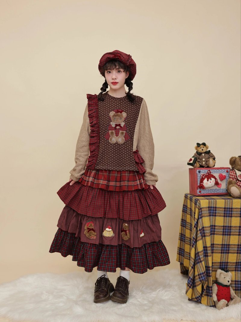 古着感 碎花拼接玩偶毛衣 小熊刺绣花边针织衫 - 女装针织衫/毛衣 - 其他材质 咖啡色