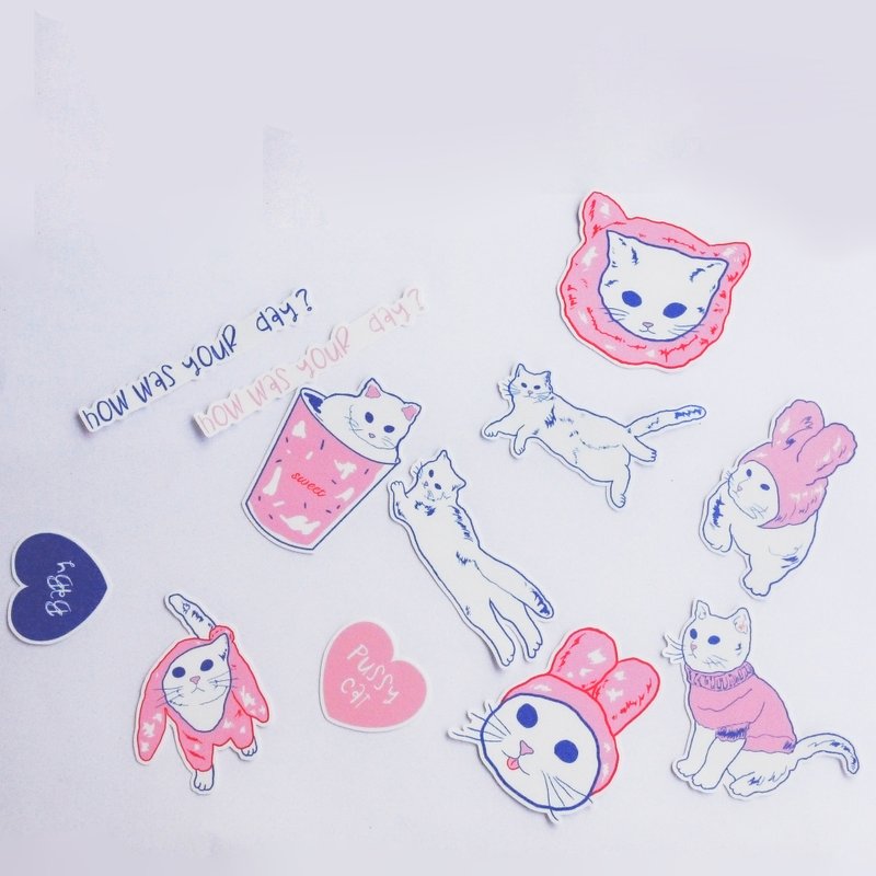 原創手繪 貓咪防水手帳貼紙 - 贴纸 - 防水材质 蓝色