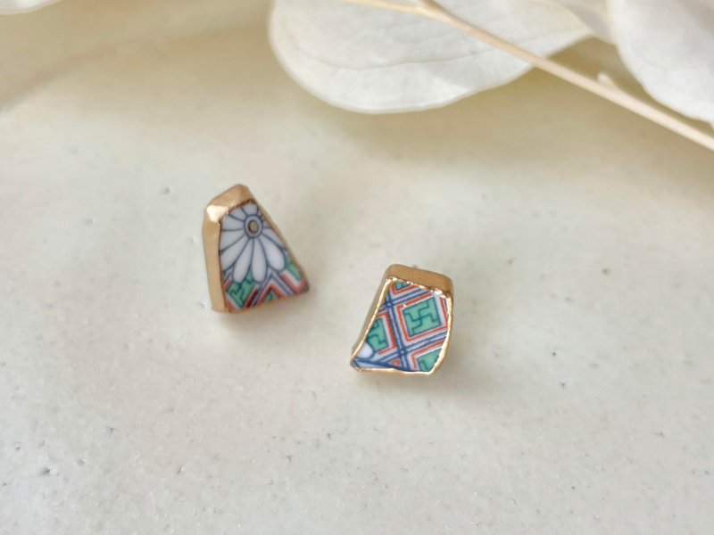 有田烧 金继 医疗级不锈钢耳环 花纹 日式图案 传统工艺 No.374 - 耳环/耳夹 - 陶 绿色