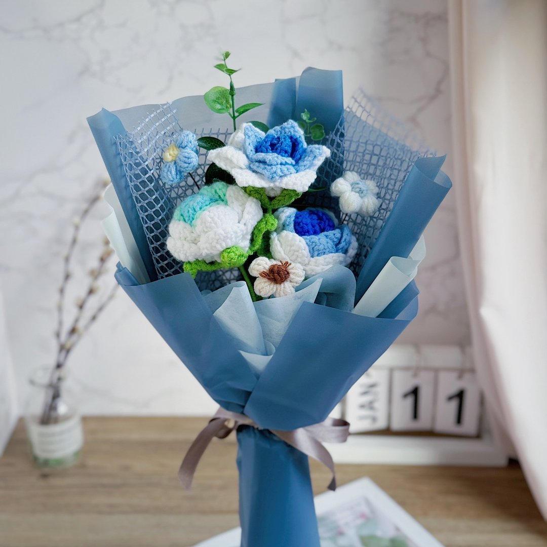 【快速出货】针织玫瑰花束 (莓红/馨紫/浅蓝/绅士蓝) 情人节 生日礼 - 干燥花/捧花 - 棉 多色