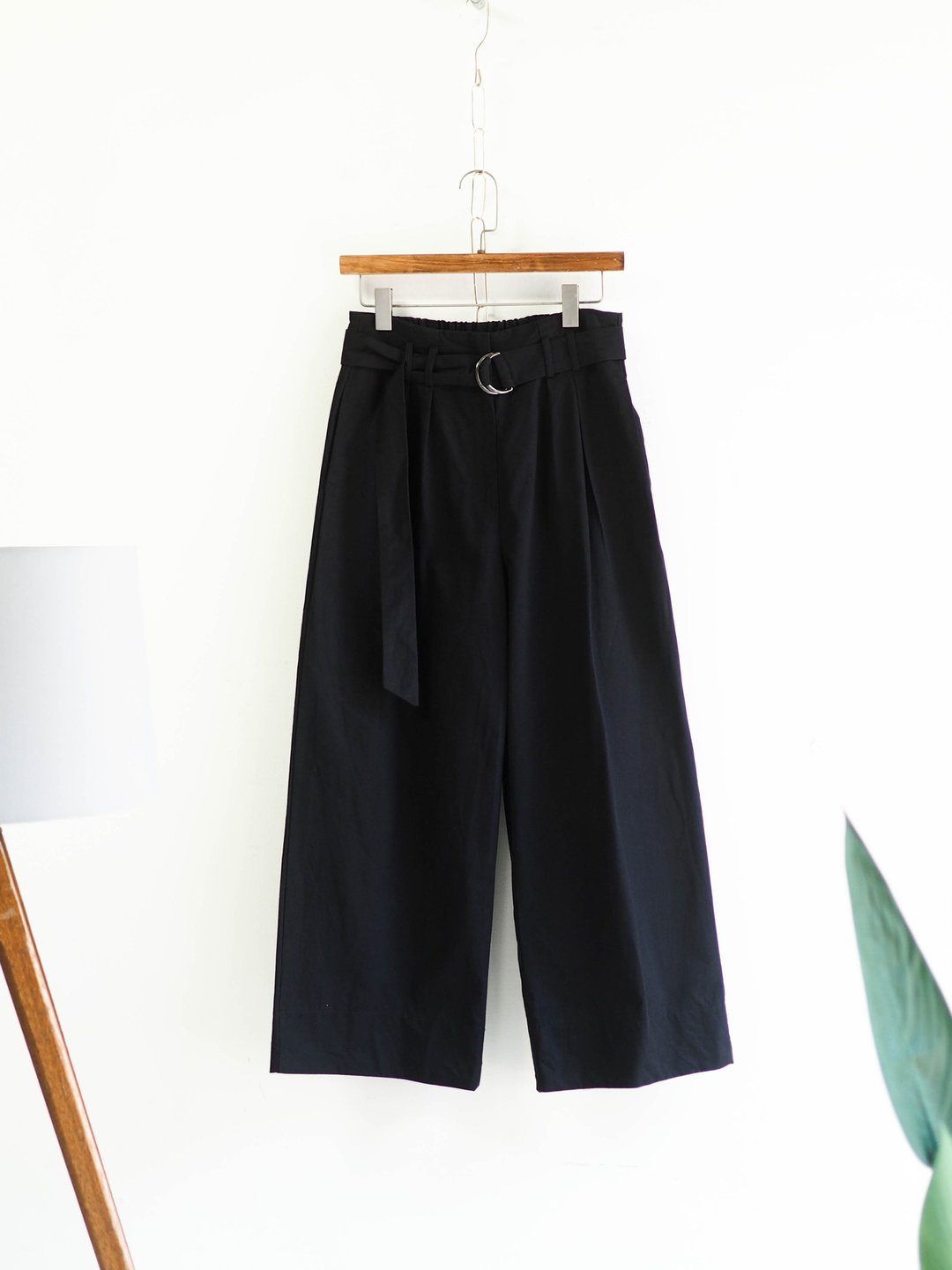 墨黑经典素面抓皱绑带 古董棉质薄料挺版长裤宽裤 pants vintage - 女装长裤 - 棉．麻 黑色