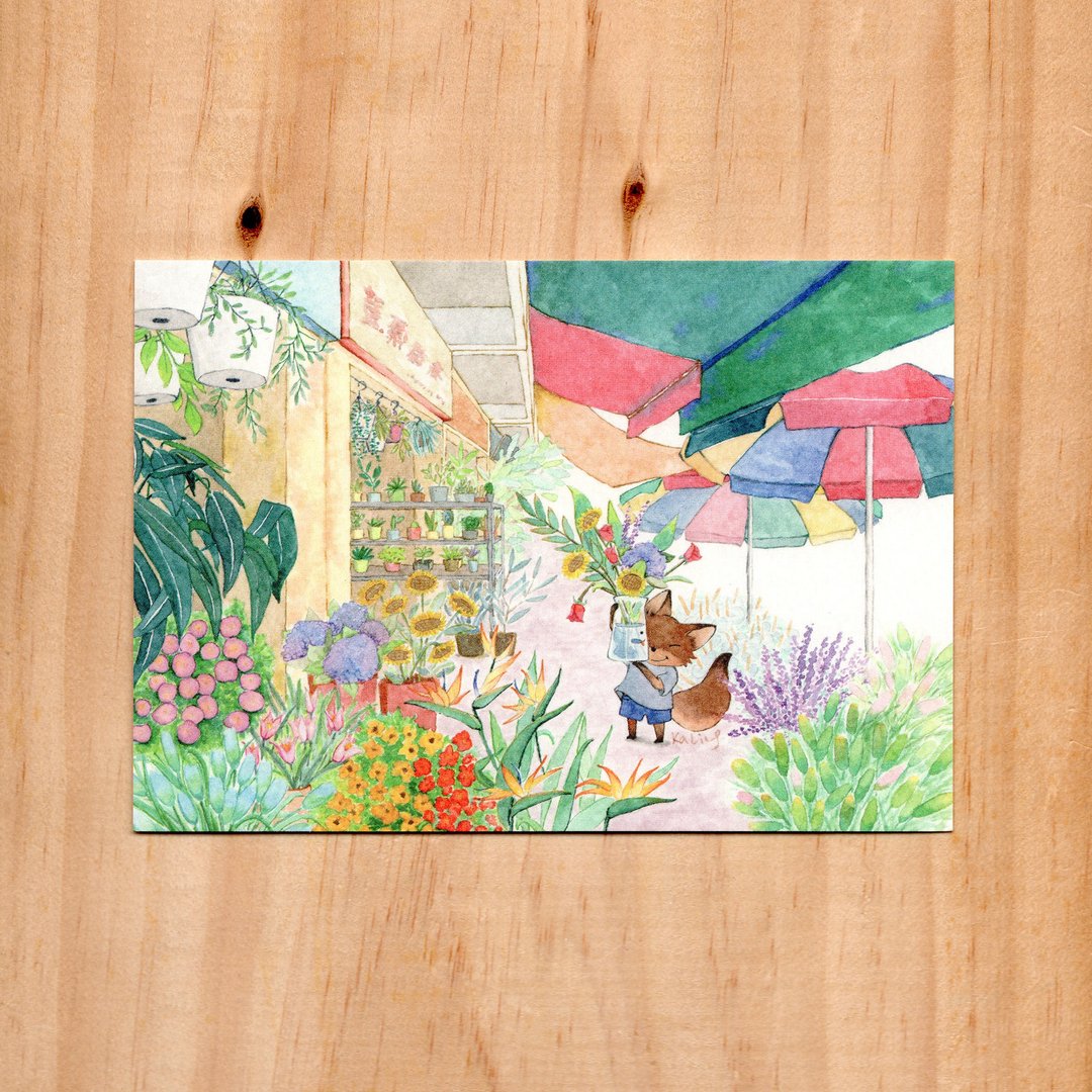 "小狐与香港街道 - 花墟"水彩插画明信片 - 卡片/明信片 - 纸 